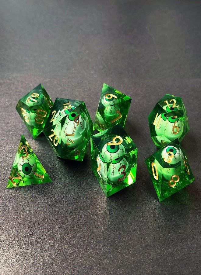 BESCON DICE Sharp Edged Liquid Core Rolling Eyeball Polyhedral Dice Set - Razor Edge Polyhedral Dice with Rolling Eyeball Inside (7pcs RPG Dice Set with Green Eye) - Image 1